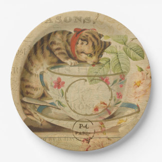 Cute Vintage Cat Tea Cup Floral Collage Paper Plate