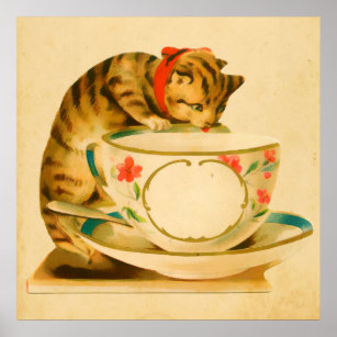 Cute Vintage Cat Teacup Poster