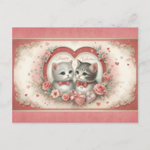 Cute Vintage Cat Valentines Day Pink Floral Postcard