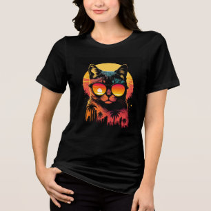 Cute Vintage Cat wearing Glasses in Sunset Summer Tri-Blend Shirt