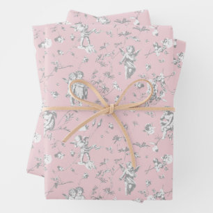 Cute Vintage Cherub Cupid Angels Pink Floral Toile Wrapping Paper Sheet