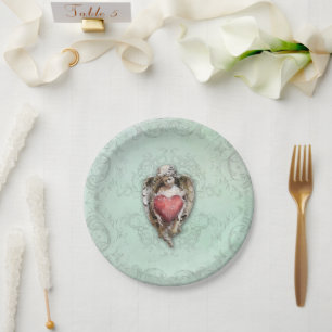 Cute Vintage Cherub with Red Heart Paper Plate