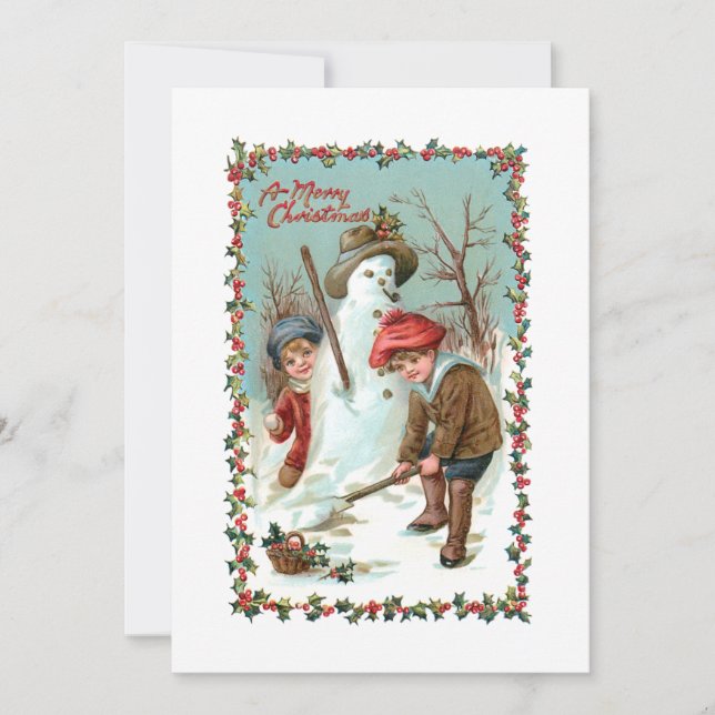 Cute Vintage Children and Snowman Holiday Card (Front)