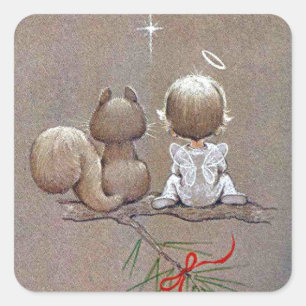 Cute Vintage Christmas Angel and Squirrel Square Sticker
