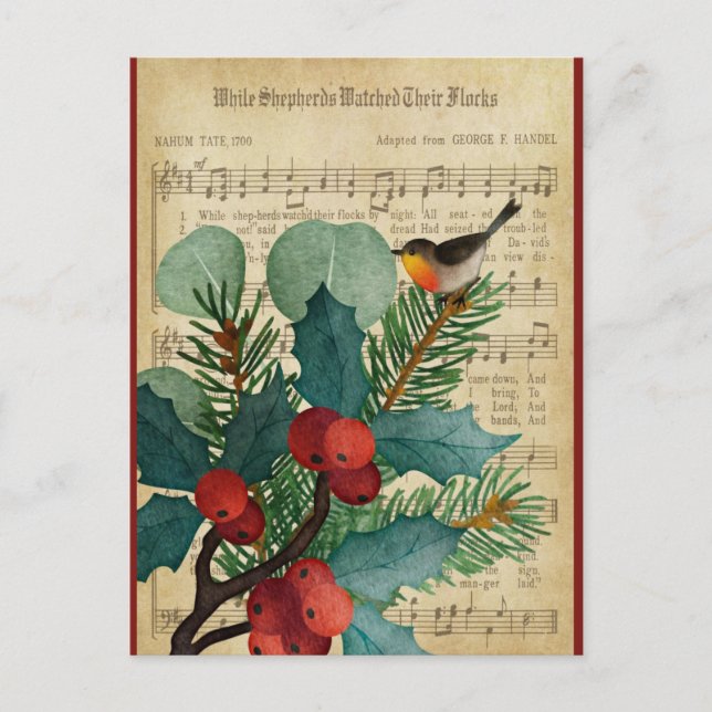 Cute Vintage Christmas Bird Music Postcard (Front)
