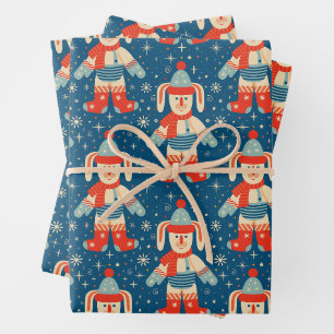 Cute Vintage Christmas Bunny and Snowflakes Wrapping Paper Sheet