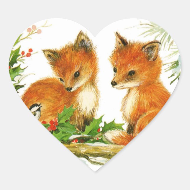 Cute Vintage Christmas Foxes Heart Sticker (Front)