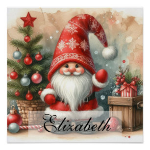 Cute Vintage Christmas Gnomes Watercolor Art Poster