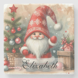 Cute Vintage Christmas Gnomes Watercolor Art Stone Coaster