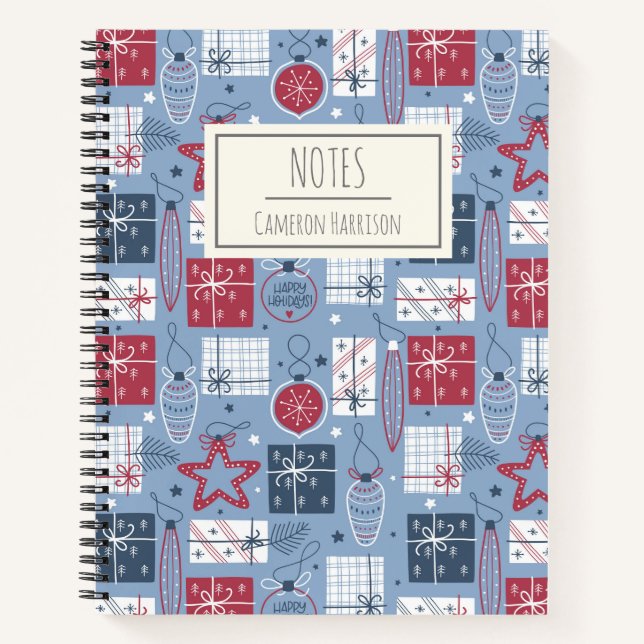 Cute Vintage Christmas Holiday Blue Personalized Notebook (Front)