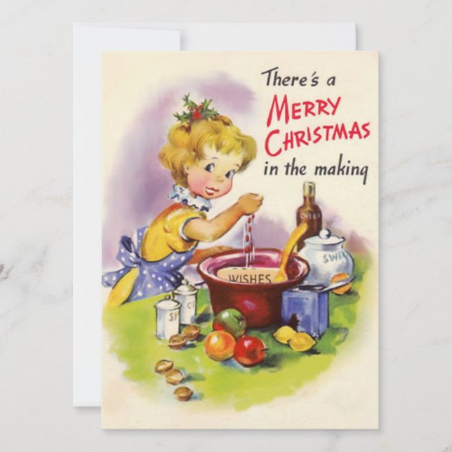 Cute Vintage Christmas Lady Baking Holiday Card (Front)