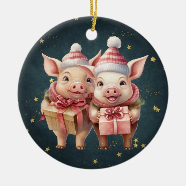 Cute vintage Christmas Pigs Ceramic Ornament (Front)