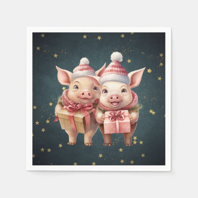 Cute vintage Christmas Pigs Napkin (Front)
