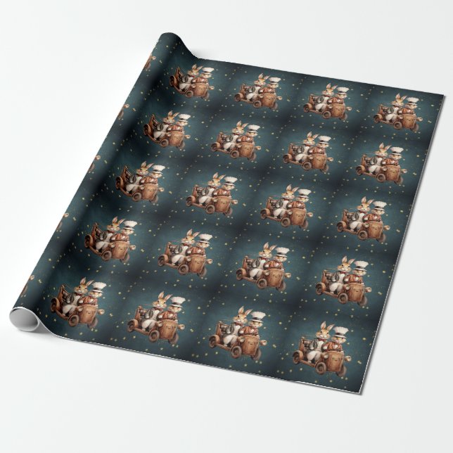 Cute vintage Christmas Rabbits Wrapping Paper (Unrolled)