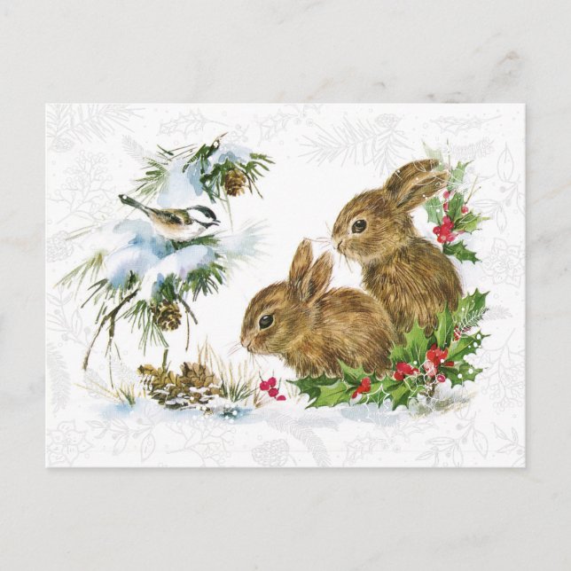 Cute Vintage Christmas Snow Bunny and Holly Postcard (Front)