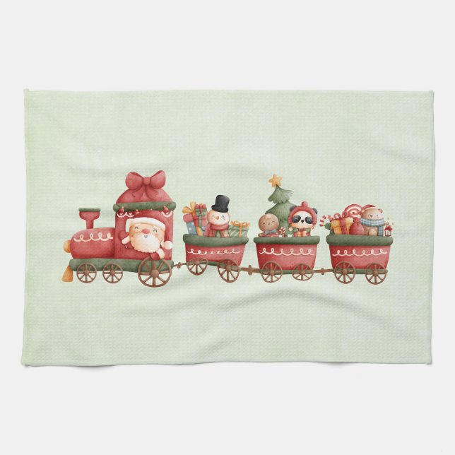 Cute Vintage Christmas Train with Toys Kitchen Towel (Horizontal)