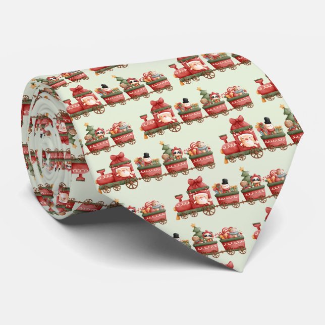 Cute Vintage Christmas Train with Toys Pattern Tie (Rolled)