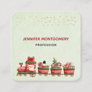 Cute Vintage Christmas Train with Toys Square Business Card