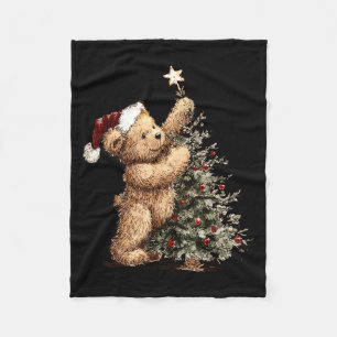 Cute Vintage Christmas Tree And Teddy Bear Santa H Fleece Blanket