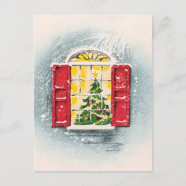Cute Vintage Christmas Tree in a Window Postcard (Front)