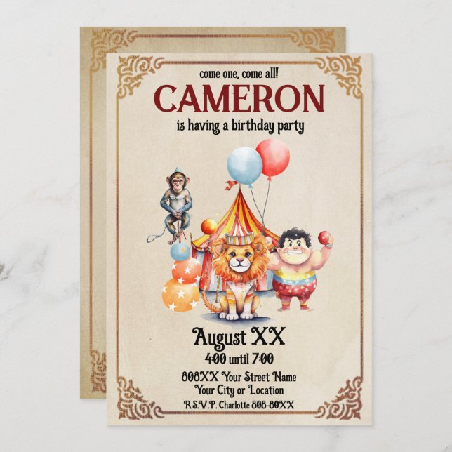 Cute Vintage Circus Animals Invitation (Front/Back)