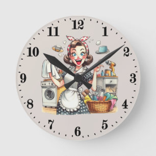 Cute vintage Cleaning lady Round Clock