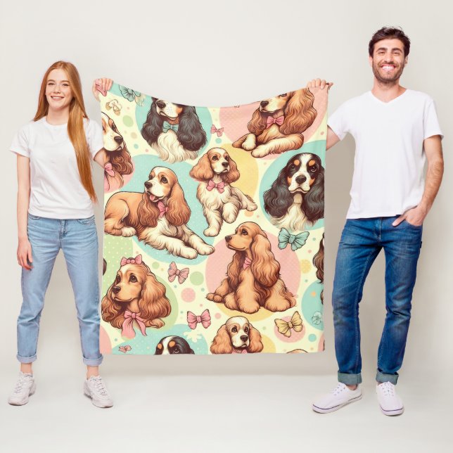Cute Vintage Cocker Spaniel Seamless Pattern Fleece Blanket (In Situ)