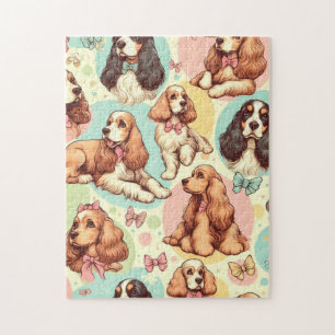 Cute Vintage Cocker Spaniel Seamless Pattern Jigsaw Puzzle