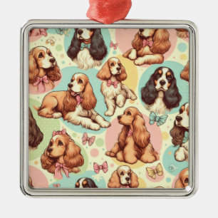 Cute Vintage Cocker Spaniel Seamless Pattern Metal Ornament