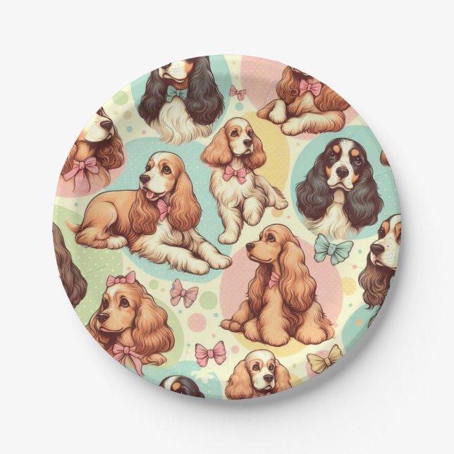 Cute Vintage Cocker Spaniel Seamless Pattern Paper Plate (Front)