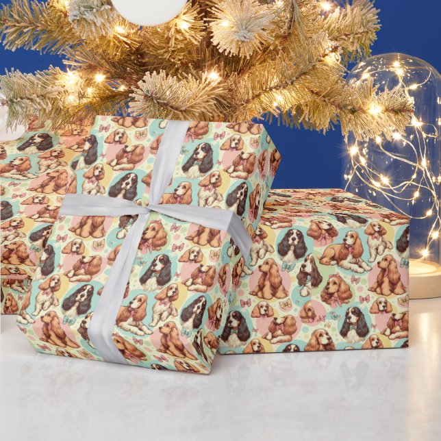 Cute Vintage Cocker Spaniel Seamless Pattern Wrapping Paper (Holidays)