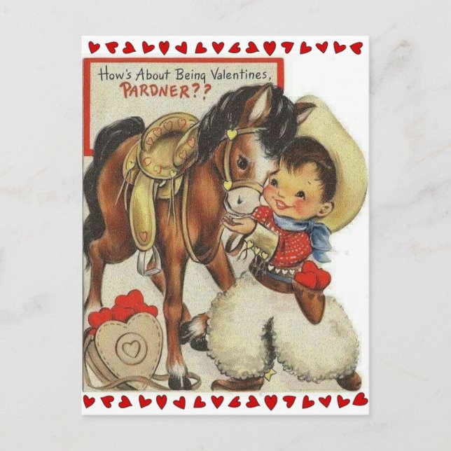 Cute Vintage Cowboy & Horse Valentine Postcard (Front)