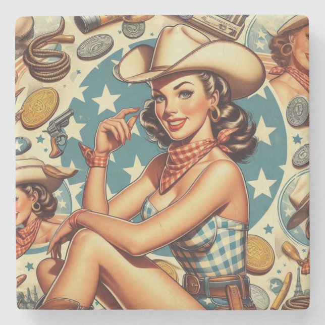 Cute Vintage Cowgirl Stone Coaster (Front)