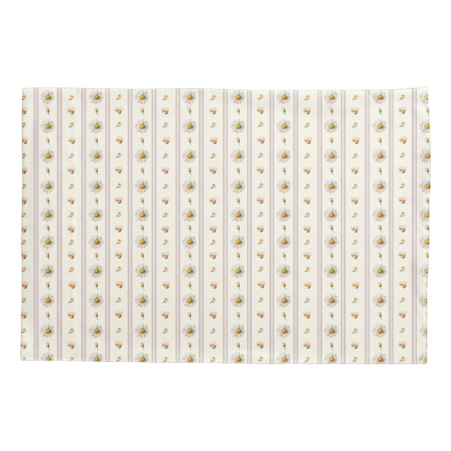Cute Vintage Daisy Stripes Cream White Pillowcase (Back-Left)