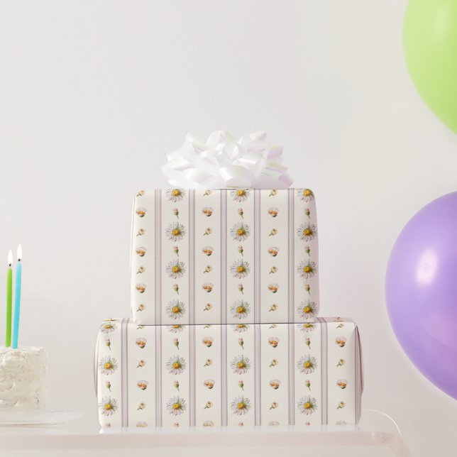 Cute Vintage Daisy Stripes Cream White Wrapping Paper (Party Gifts)