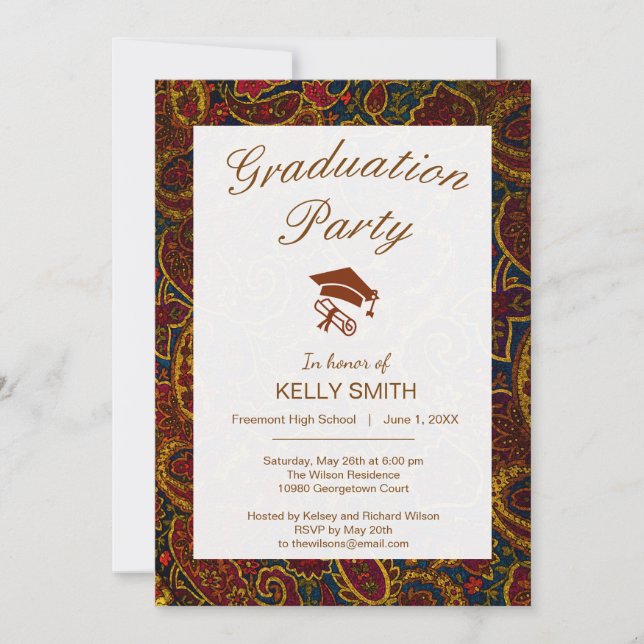 Cute vintage dark brown paisley graduation party invitation (Front)
