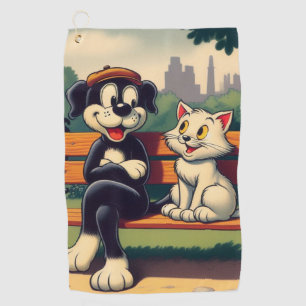 Cute, vintage dog/cat cartoon golf towel