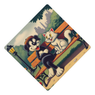 Cute, vintage dog/cat cartoon graduation cap topper