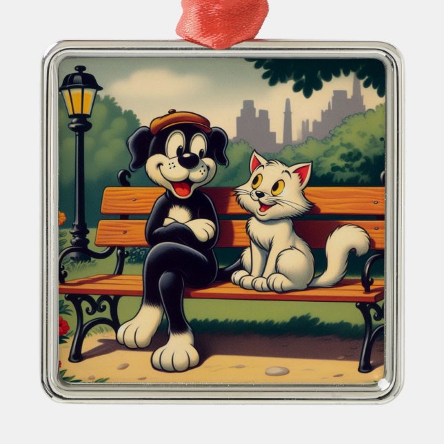 Cute, vintage dog/cat cartoon metal ornament (Front)