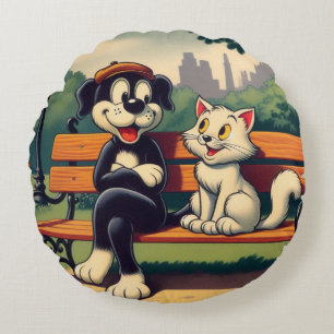 Cute, vintage dog/cat cartoon round pillow