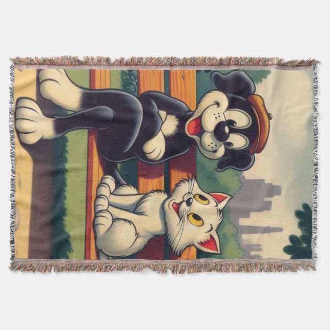 Cute, vintage dog/cat cartoon throw blanket (Front)