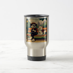 Cute, vintage dog/cat cartoon travel mug