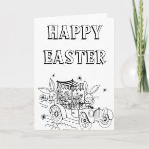 Cute Vintage Driving Bunny's Easter Card to Colour