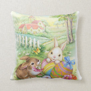 Cute vintage Easter bunnies with eggs and church Throw Pillow
