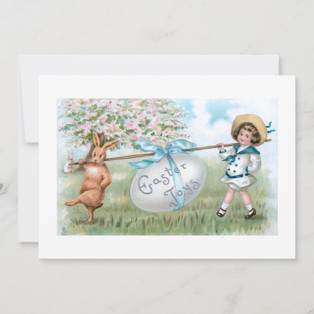 Cute Vintage Easter Bunny and Child Holiday Card (Front)