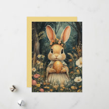 Cute Vintage Easter Bunny and Flowers Holiday Card