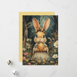Cute Vintage Easter Bunny and Flowers Holiday Card