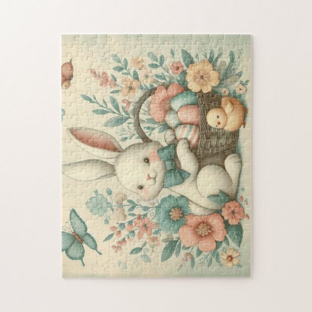 Cute, Vintage Easter bunny & chick Jigsaw Puzzle (Vertical)