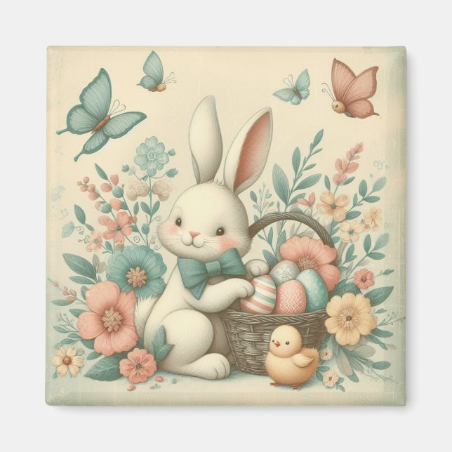 Cute, Vintage Easter bunny & chick Magnet (Front)