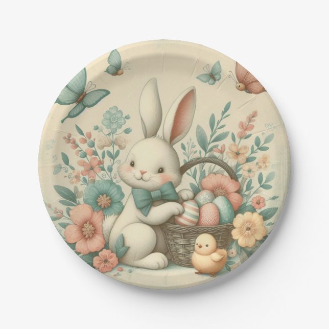 Cute, Vintage Easter bunny & chick Paper Plate (Front)